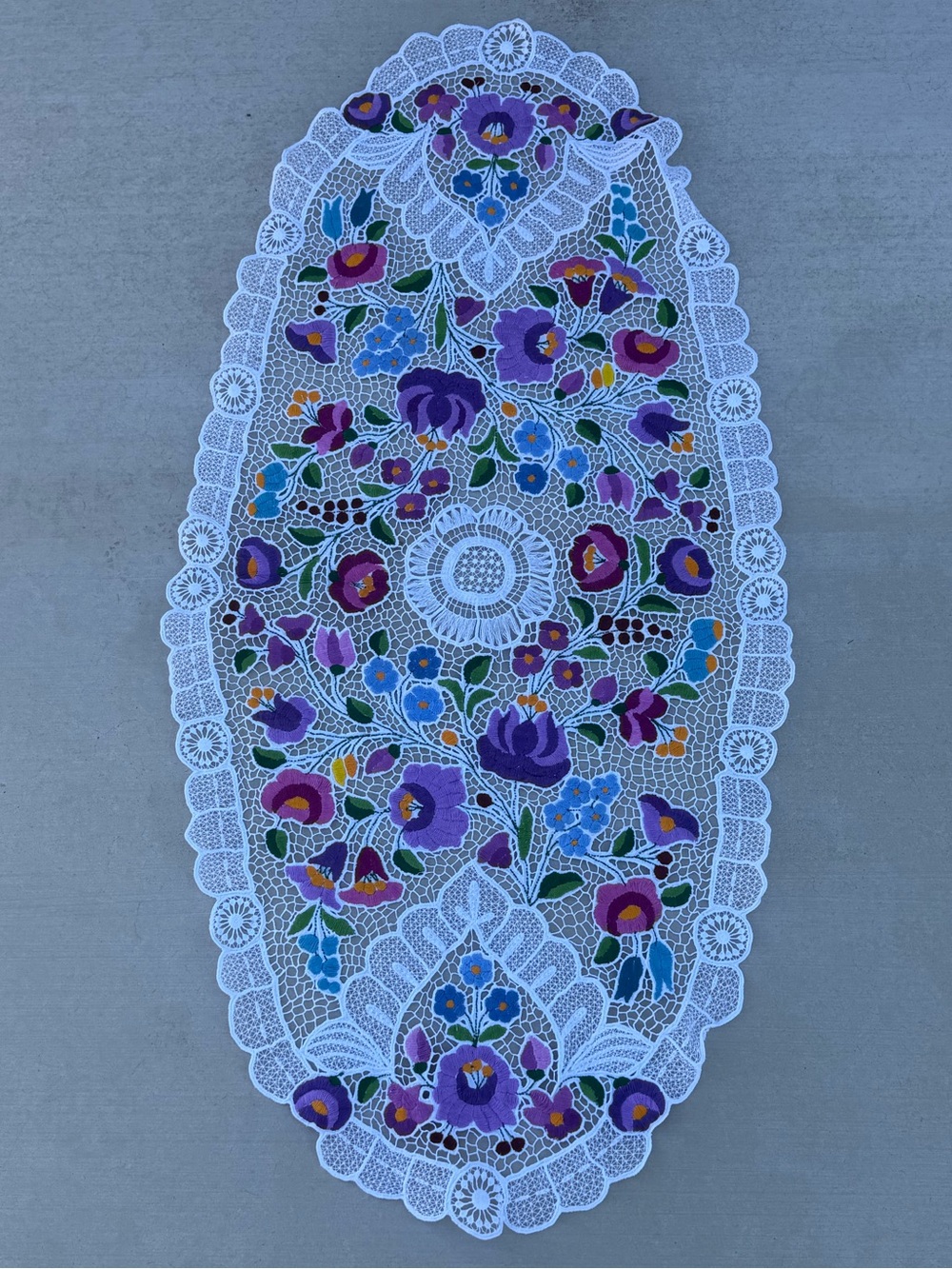1980s Hungarian Handmade EMBROIDERED Table Runner Richelieu KALOCSA HUNGARY 36”